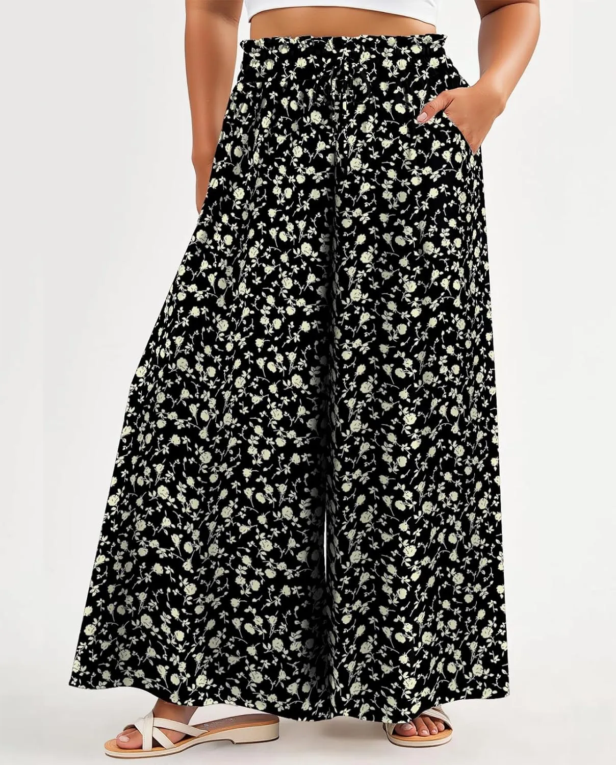 Lastshe Women's Plus Size Pants Wide Leg High Waist Flowy Casual Palazzo 2025 Summer Lounge Boho Beach Trousers Pockets