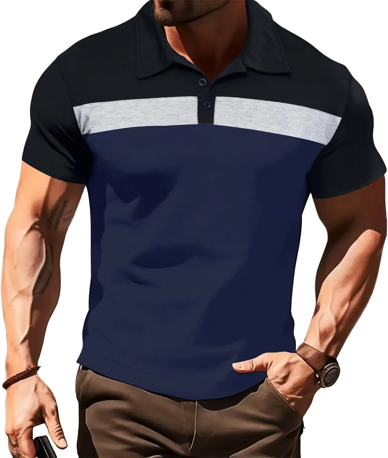 Lexiart Mens Fashion Golf Polo Shirts Short Sleeve Color Block Polo Shirt Basic Cotton Golf Shirts