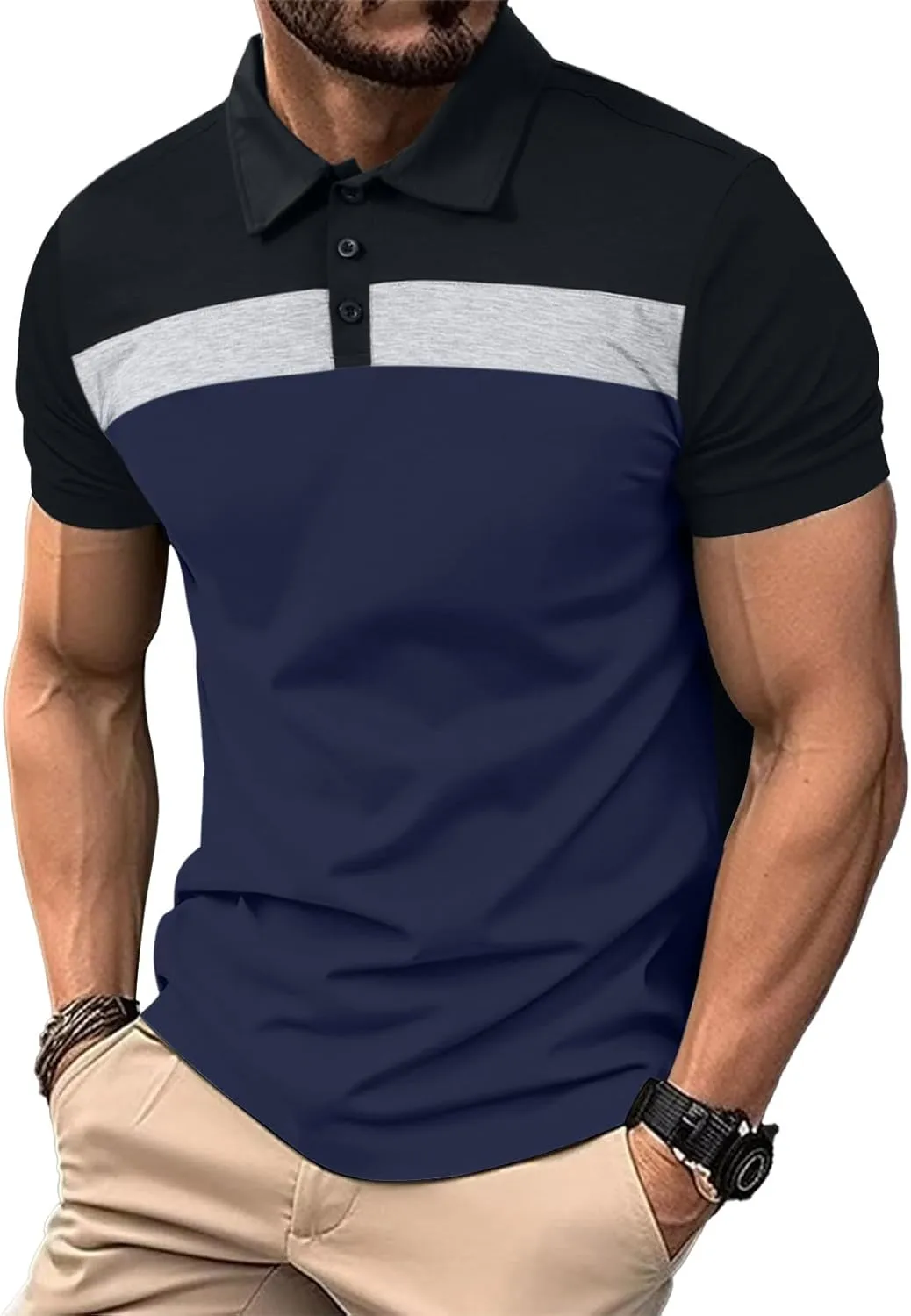 Lexiart Mens Fashion Golf Polo Shirts Short Sleeve Color Block Polo Shirt Basic Cotton Golf Shirts