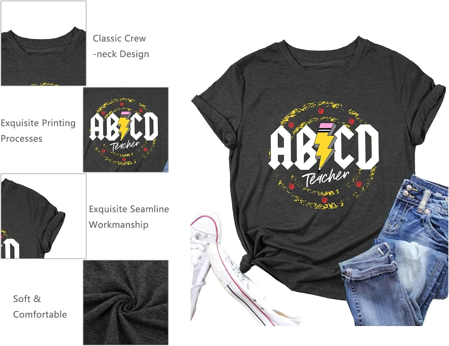 LHBNK Teacher Shirts Women ABCD Teacher Tshirt Teacher Life Shirt Tops Back to School Gifts Casual Summer Tops