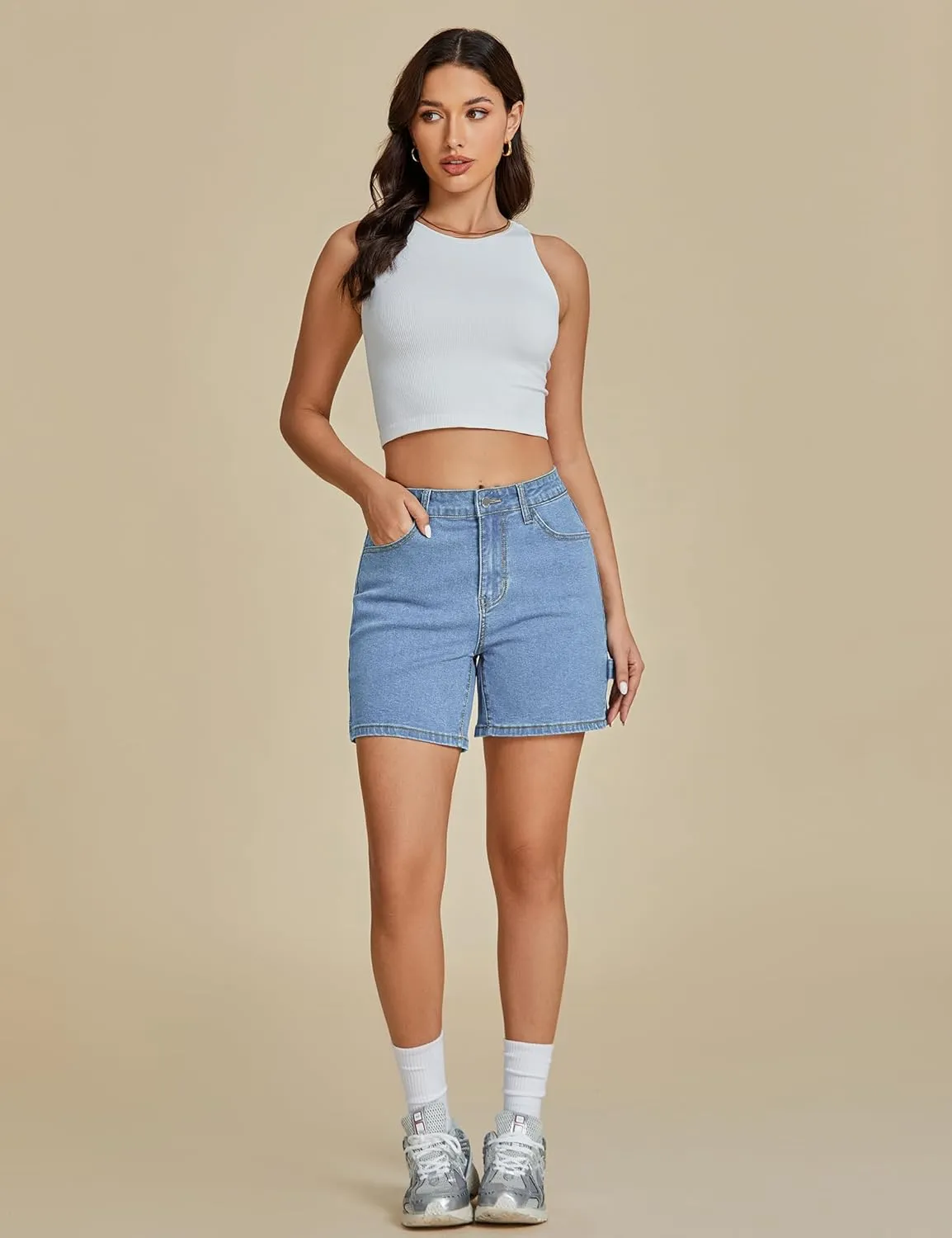 luvamia Jean Shorts for Women High Waisted Trendy Casual Utility Stretchy Denim Jorts Cutoff Long Shorts with Pockets