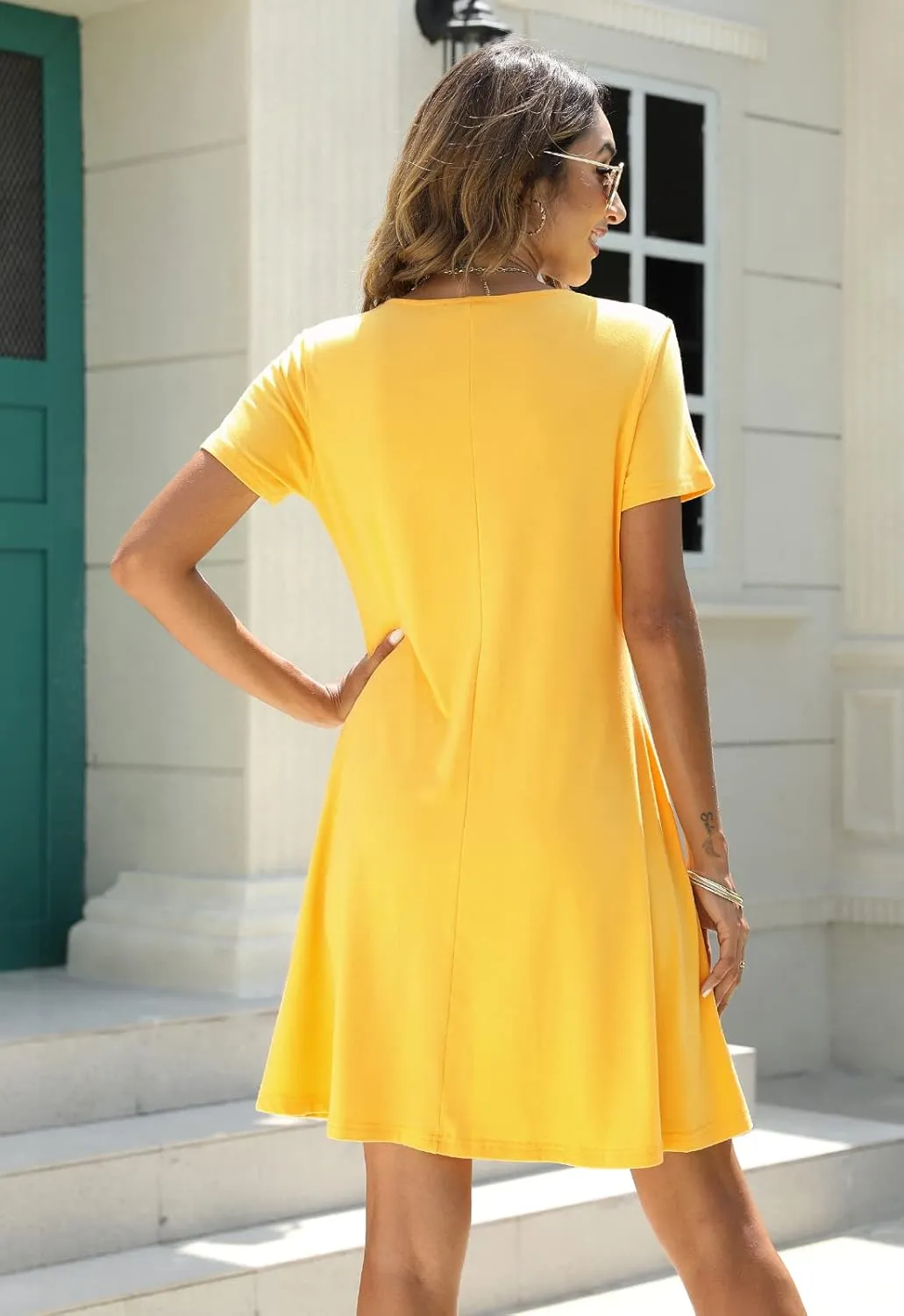 Manydress Women's Summer Casual T Shirt Dresses Short Sleeve Button Down Swing Dress with Pockets MY035