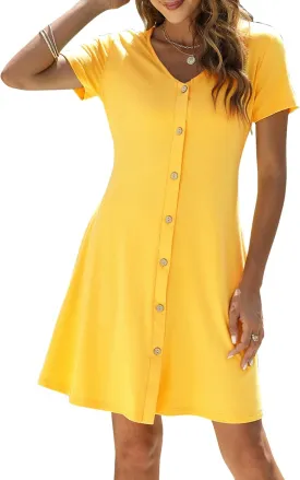 Manydress Women's Summer Casual T Shirt Dresses Short Sleeve Button Down Swing Dress with Pockets MY035