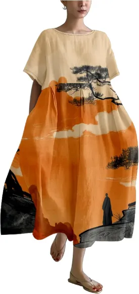 MARSVOVO Boho Dress for Women 2024 Plus Size Retro Moon Pattern Oversized Trendy Pleated High Waist Flowy Japanese Dress