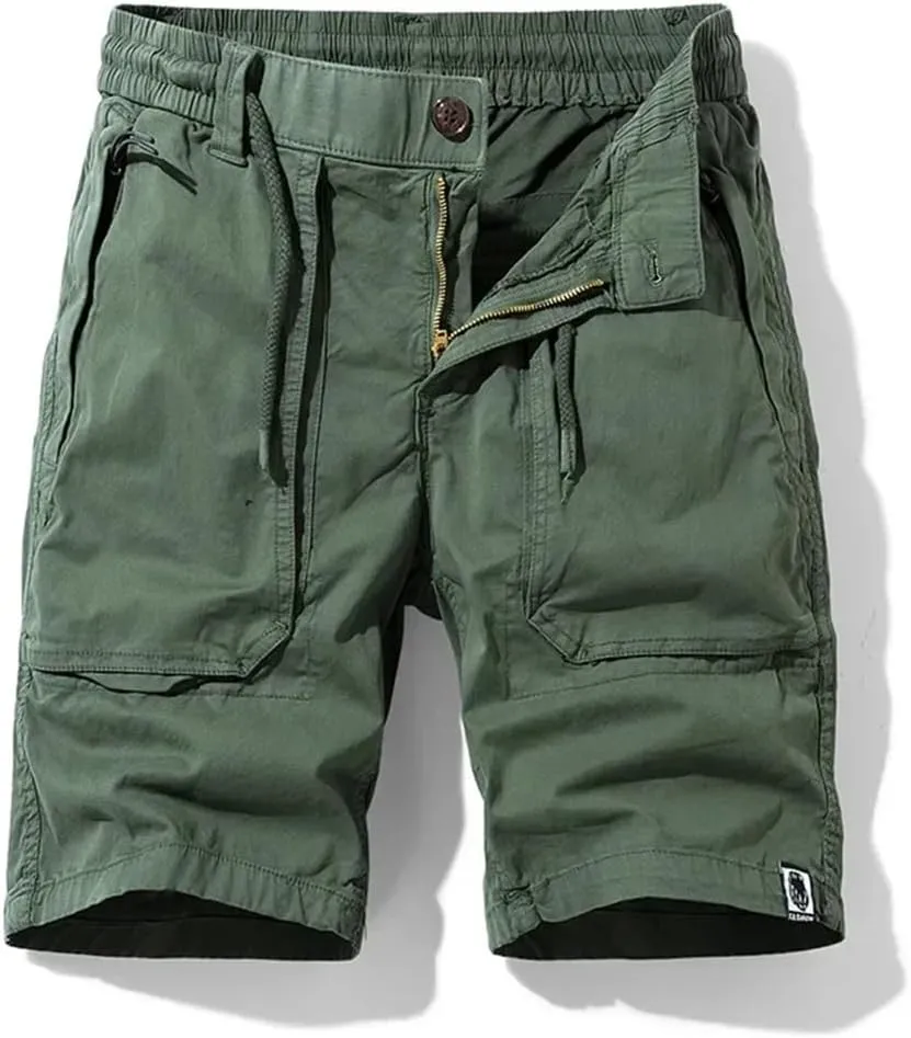Men Summer Cargo Multi Pocket Cotton Pants Elastic Waist Solid Beach Jogger Shorts