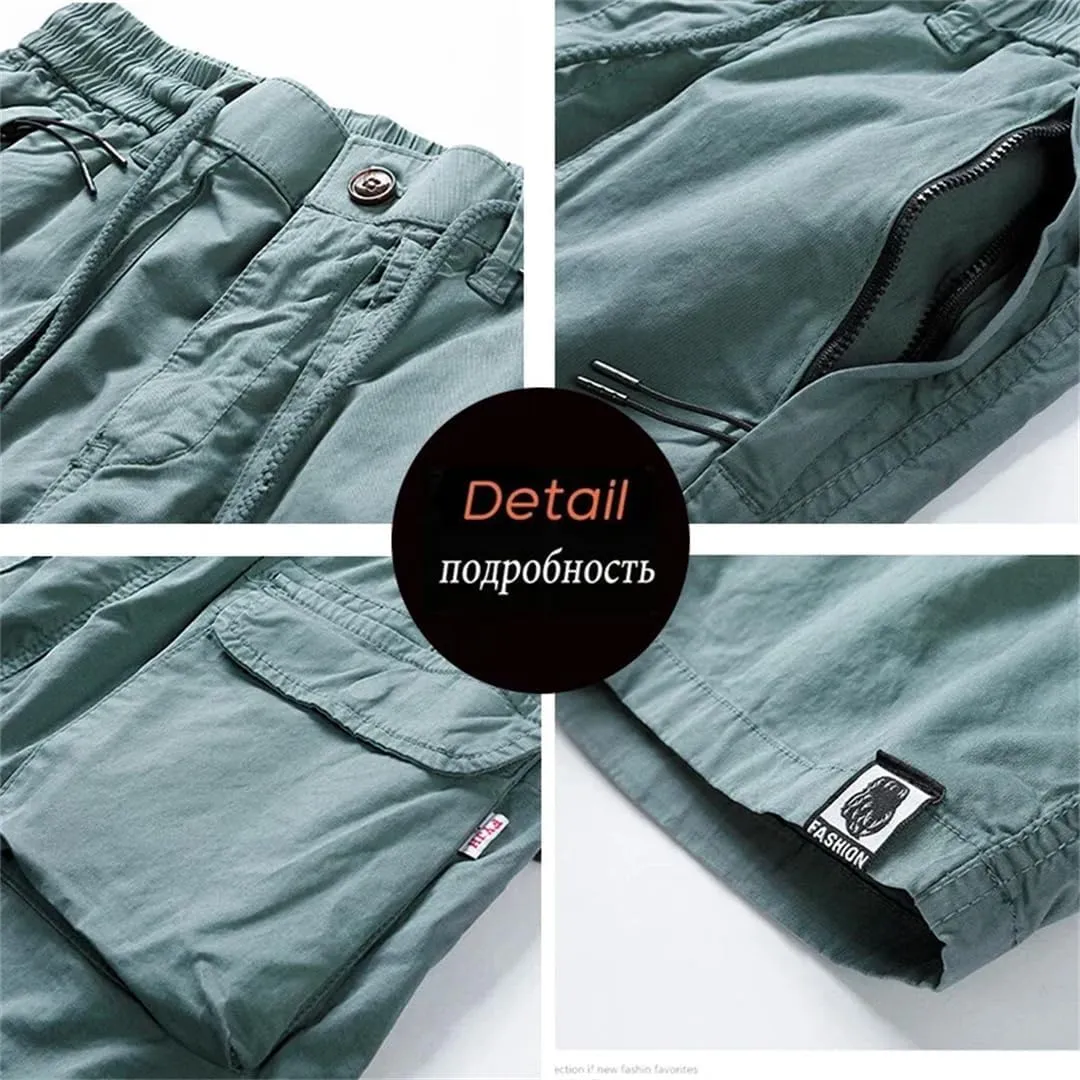 Men Summer Cargo Multi Pocket Cotton Pants Elastic Waist Solid Beach Jogger Shorts