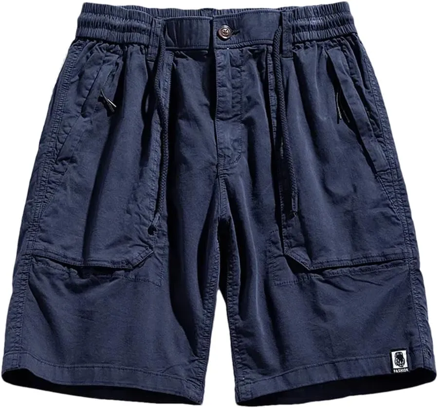 Men Summer Cargo Multi Pocket Cotton Pants Elastic Waist Solid Beach Jogger Shorts