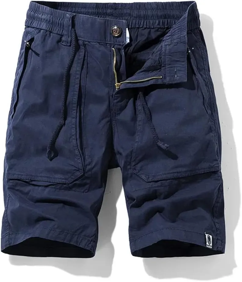 Men Summer Cargo Multi Pocket Cotton Pants Elastic Waist Solid Beach Jogger Shorts