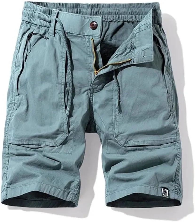 Men Summer Cargo Multi Pocket Cotton Pants Elastic Waist Solid Beach Jogger Shorts