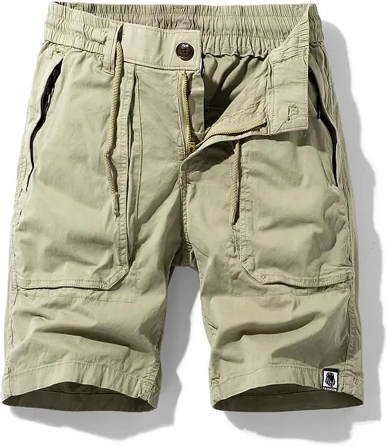 Men Summer Cargo Multi Pocket Cotton Pants Elastic Waist Solid Beach Jogger Shorts