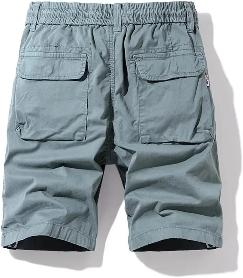 Men Summer Cargo Multi Pocket Cotton Pants Elastic Waist Solid Beach Jogger Shorts