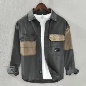 Men's Contrast Color Patchwork Cargo Shirt | Loose Casual Cotton Vintage Long Sleeve Tops | Japan Style Lapel