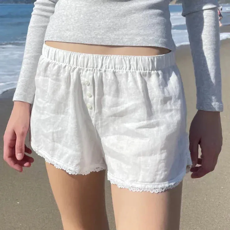 Metaversmall Casual White Basic Summer Shorts Women Lace Trim Buttons Homewear Sporty Chic Short Pants Elastic Waist Korean Hottie