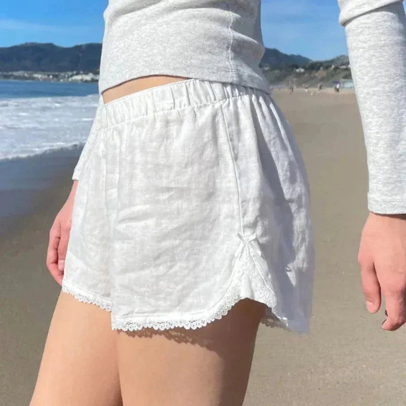 Metaversmall Casual White Basic Summer Shorts Women Lace Trim Buttons Homewear Sporty Chic Short Pants Elastic Waist Korean Hottie