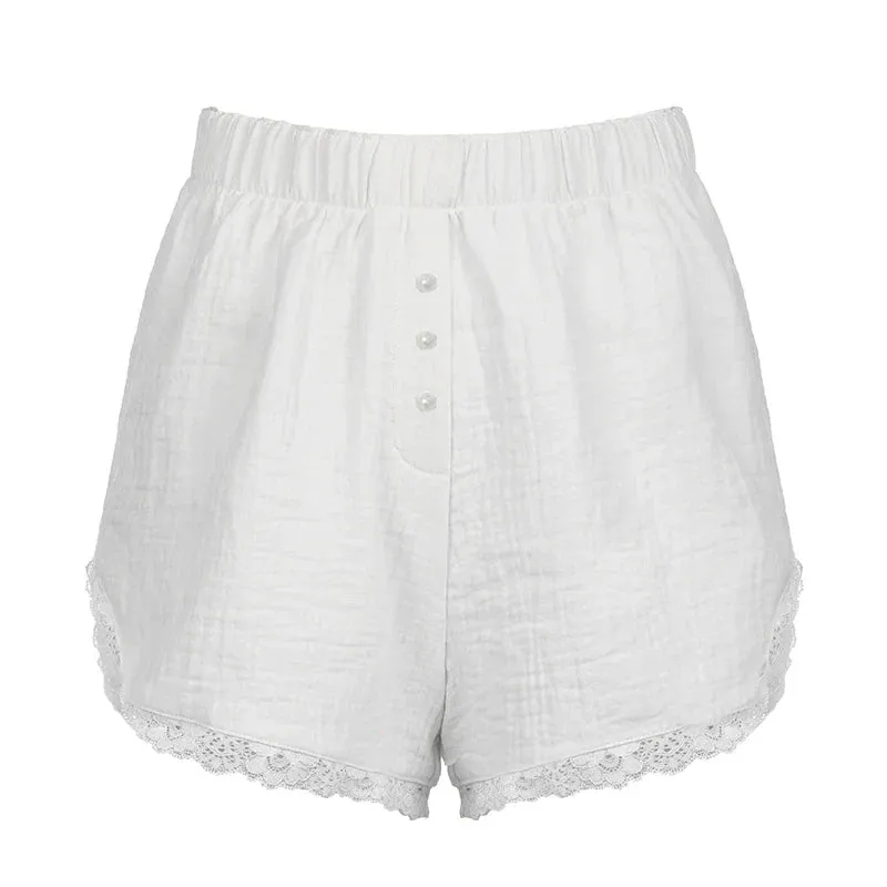 Metaversmall Casual White Basic Summer Shorts Women Lace Trim Buttons Homewear Sporty Chic Short Pants Elastic Waist Korean Hottie