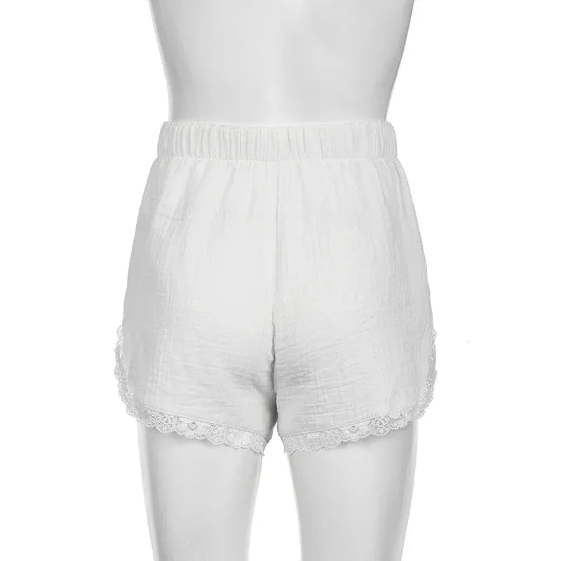 Metaversmall Casual White Basic Summer Shorts Women Lace Trim Buttons Homewear Sporty Chic Short Pants Elastic Waist Korean Hottie
