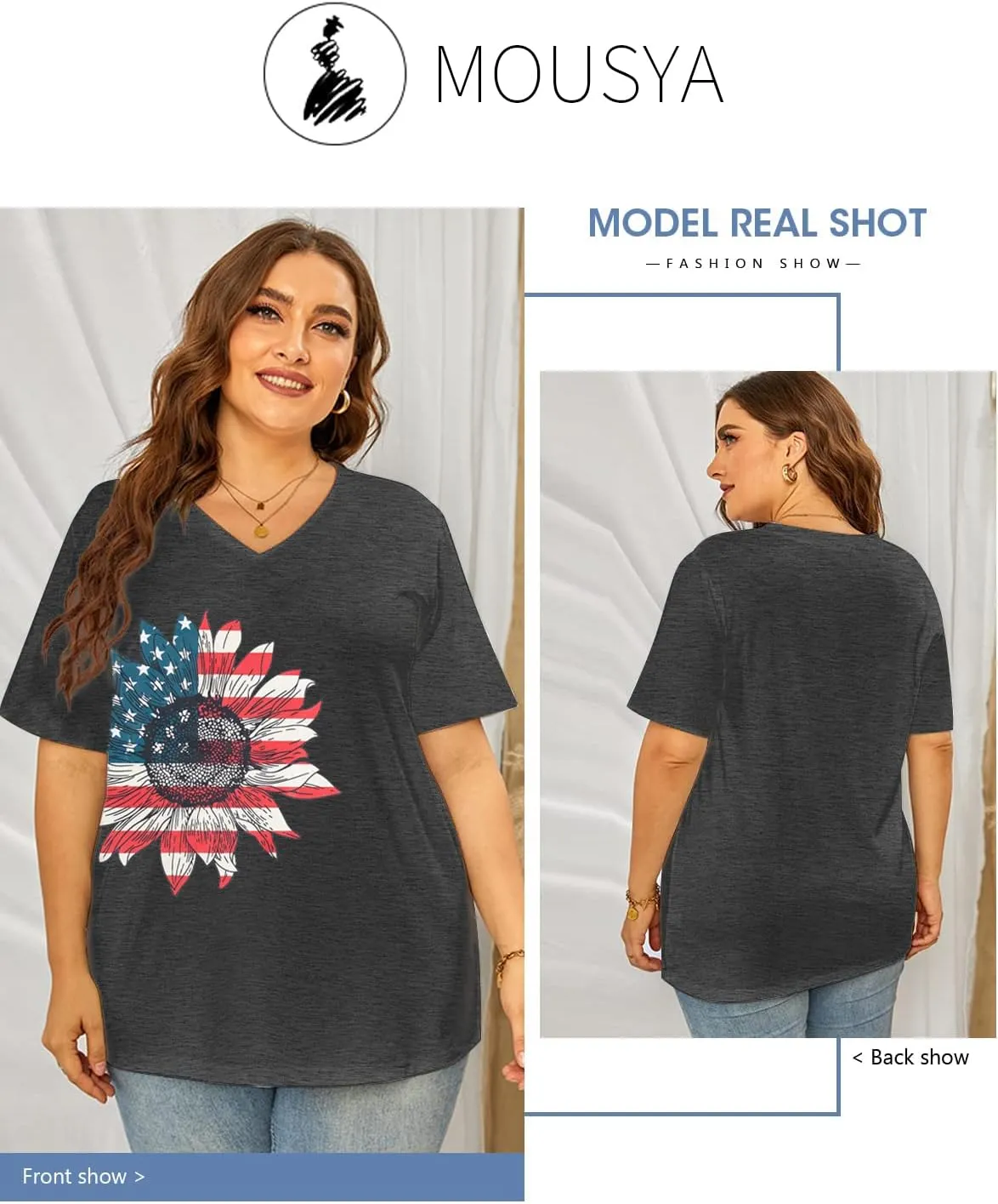 MOUSYA Plus Size Women American Flag Shirt 4th of July Patriotic V Neck T Shirts American Flag Sunflower Graphic Tee Tops