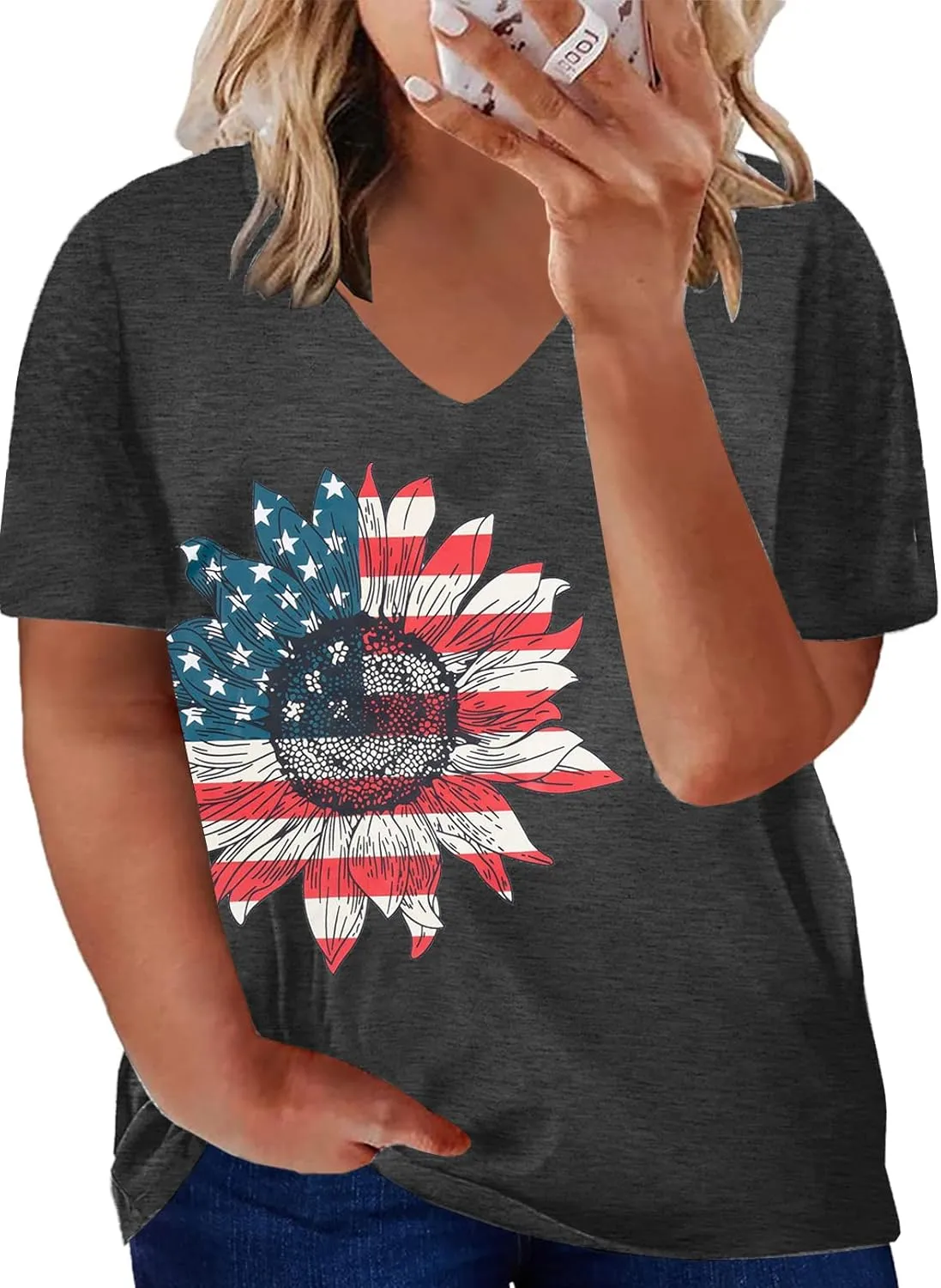 MOUSYA Plus Size Women American Flag Shirt 4th of July Patriotic V Neck T Shirts American Flag Sunflower Graphic Tee Tops