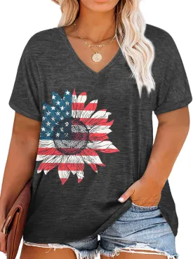 MOUSYA Plus Size Women American Flag Shirt 4th of July Patriotic V Neck T Shirts American Flag Sunflower Graphic Tee Tops