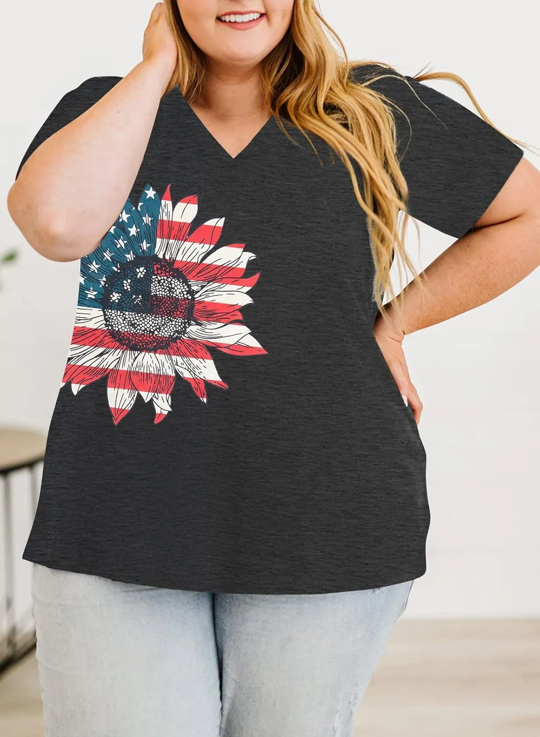MOUSYA Plus Size Women American Flag Shirt 4th of July Patriotic V Neck T Shirts American Flag Sunflower Graphic Tee Tops
