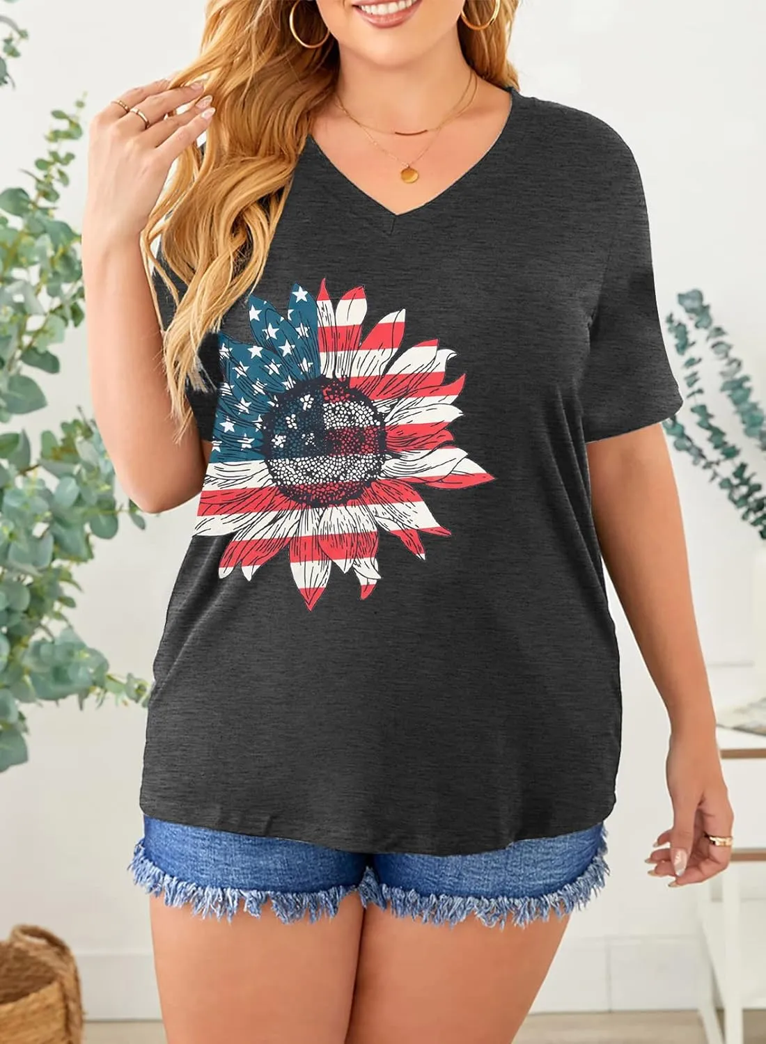 MOUSYA Plus Size Women American Flag Shirt 4th of July Patriotic V Neck T Shirts American Flag Sunflower Graphic Tee Tops
