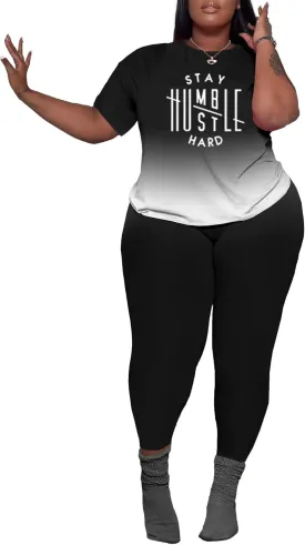 PINSV Women's Plus Size 2 Piece Outfits Tracksuits Short Sleeve Top Pants Sets Sweatsuits Black Printed Gradient 4XL