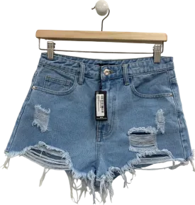 Pretty Little Thing Light Blue Wash Ripped Denim Shorts UK 8