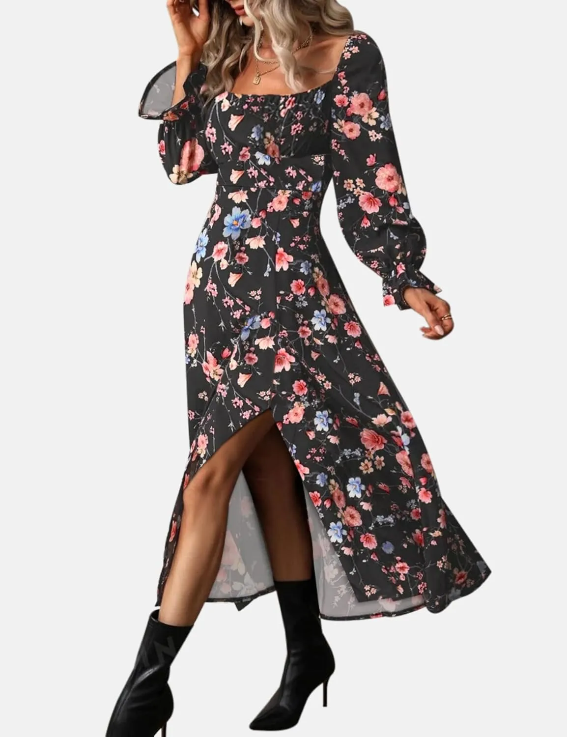 Relipop Women's Floral Puff Long Sleeve Maxi Dress Casual Square Neck Flowy Boho Split A Line Dresses
