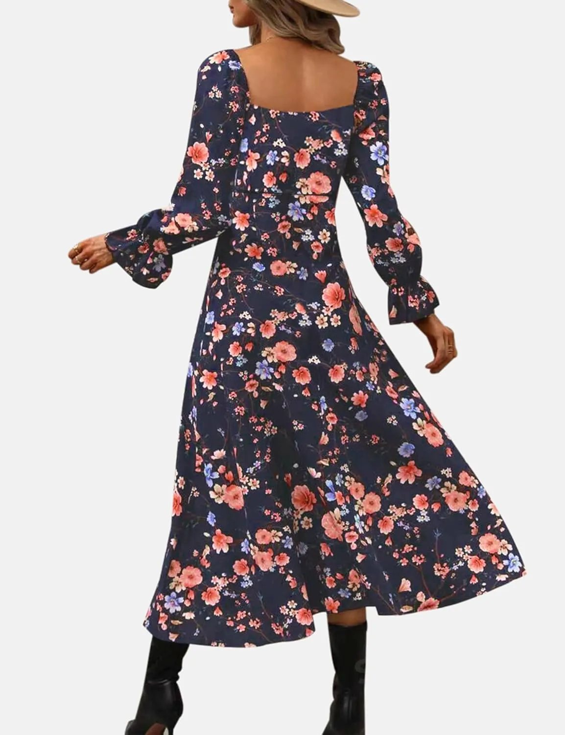 Relipop Women's Floral Puff Long Sleeve Maxi Dress Casual Square Neck Flowy Boho Split A Line Dresses