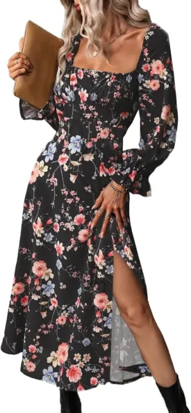 Relipop Women's Floral Puff Long Sleeve Maxi Dress Casual Square Neck Flowy Boho Split A Line Dresses
