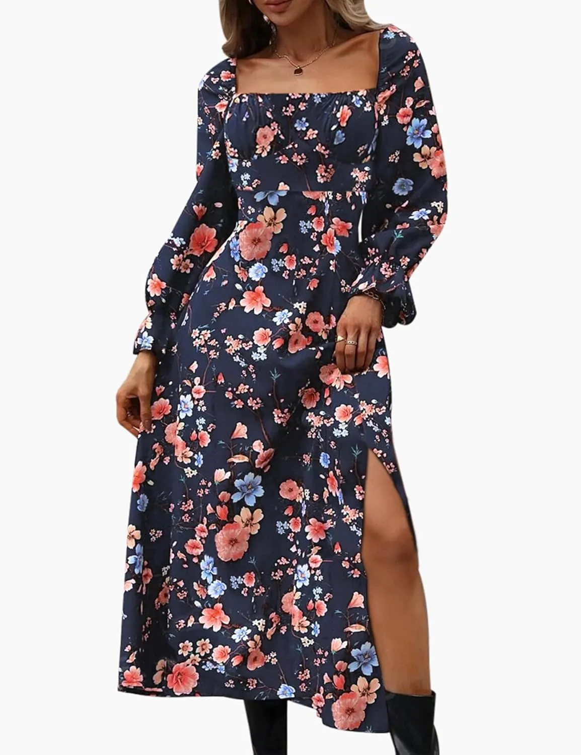 Relipop Women's Floral Puff Long Sleeve Maxi Dress Casual Square Neck Flowy Boho Split A Line Dresses