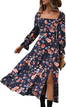 Relipop Women's Floral Puff Long Sleeve Maxi Dress Casual Square Neck Flowy Boho Split A Line Dresses