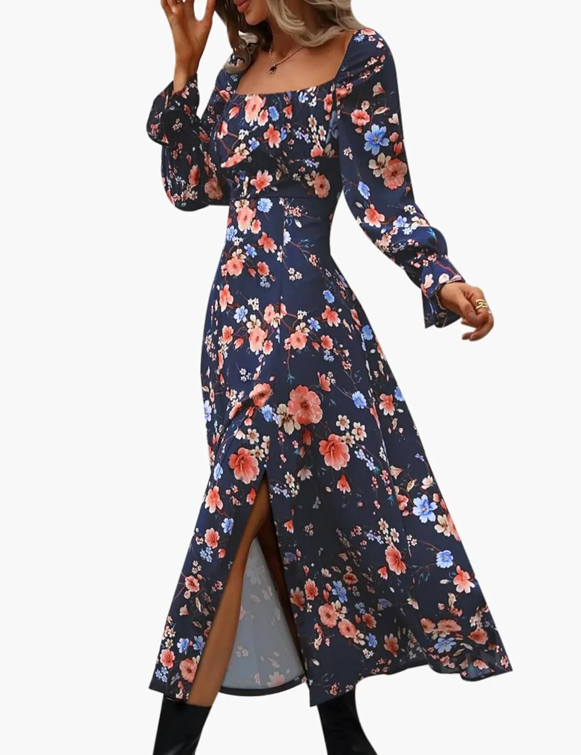 Relipop Women's Floral Puff Long Sleeve Maxi Dress Casual Square Neck Flowy Boho Split A Line Dresses