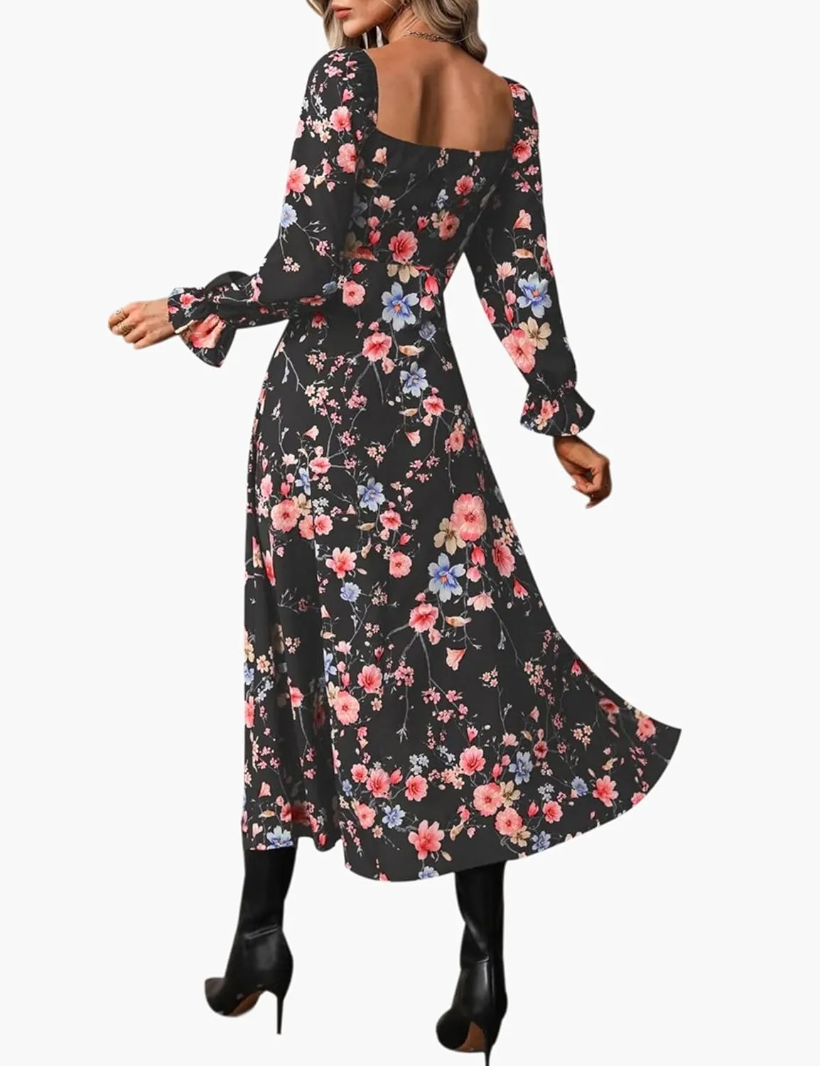 Relipop Women's Floral Puff Long Sleeve Maxi Dress Casual Square Neck Flowy Boho Split A Line Dresses