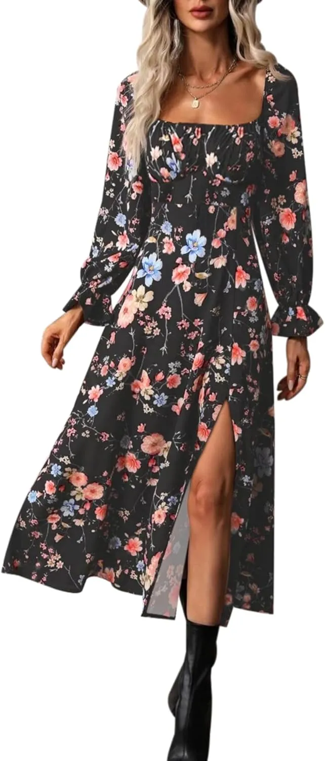 Relipop Women's Floral Puff Long Sleeve Maxi Dress Casual Square Neck Flowy Boho Split A Line Dresses