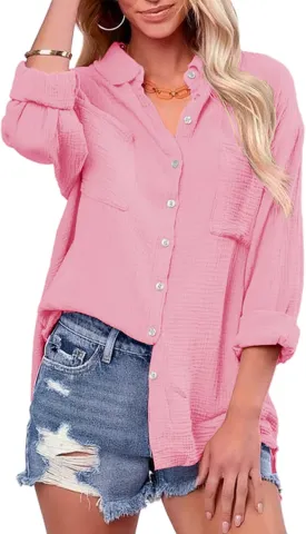 Saudacdn Women Button Down Shirts V Neck Blouse Long Roll Up Cuffed Sleeve Pocket Casual Boyfriend Cotton Tops