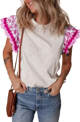 SELINK Womens Summer Ruffle Short Sleeve Top Crewneck T Shirts Floral Trim Casual Blouses