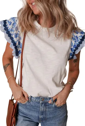 SELINK Womens Summer Ruffle Short Sleeve Top Crewneck T Shirts Floral Trim Casual Blouses
