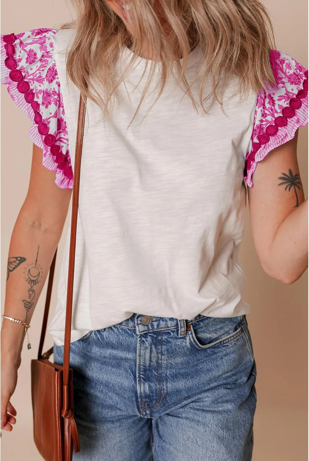 SELINK Womens Summer Ruffle Short Sleeve Top Crewneck T Shirts Floral Trim Casual Blouses