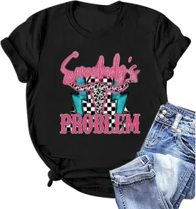 Somebody's Problem Shirt Western Country Music Shirts for Women Cow Print Graphic Tees Nashville Concert Outfits(Black,S)