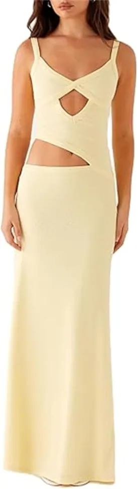 Thopavenoir Women's Sexy Cut Out Maxi Dress Backless Sleeveless Slip Dresses Elegant Bodycon Long Dress Cocktail Partywear