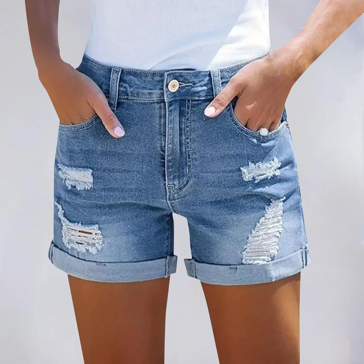 Women Denim Shorts Stretchy Mid High Waisted Summer Beach Plus Size Casual Trendy Ripped Loose Fit Hot Short Jeans