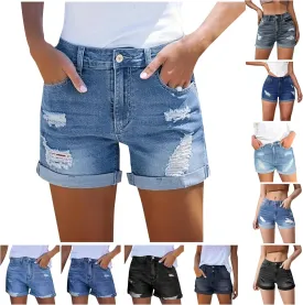 Women Denim Shorts Stretchy Mid High Waisted Summer Beach Plus Size Casual Trendy Ripped Loose Fit Hot Short Jeans