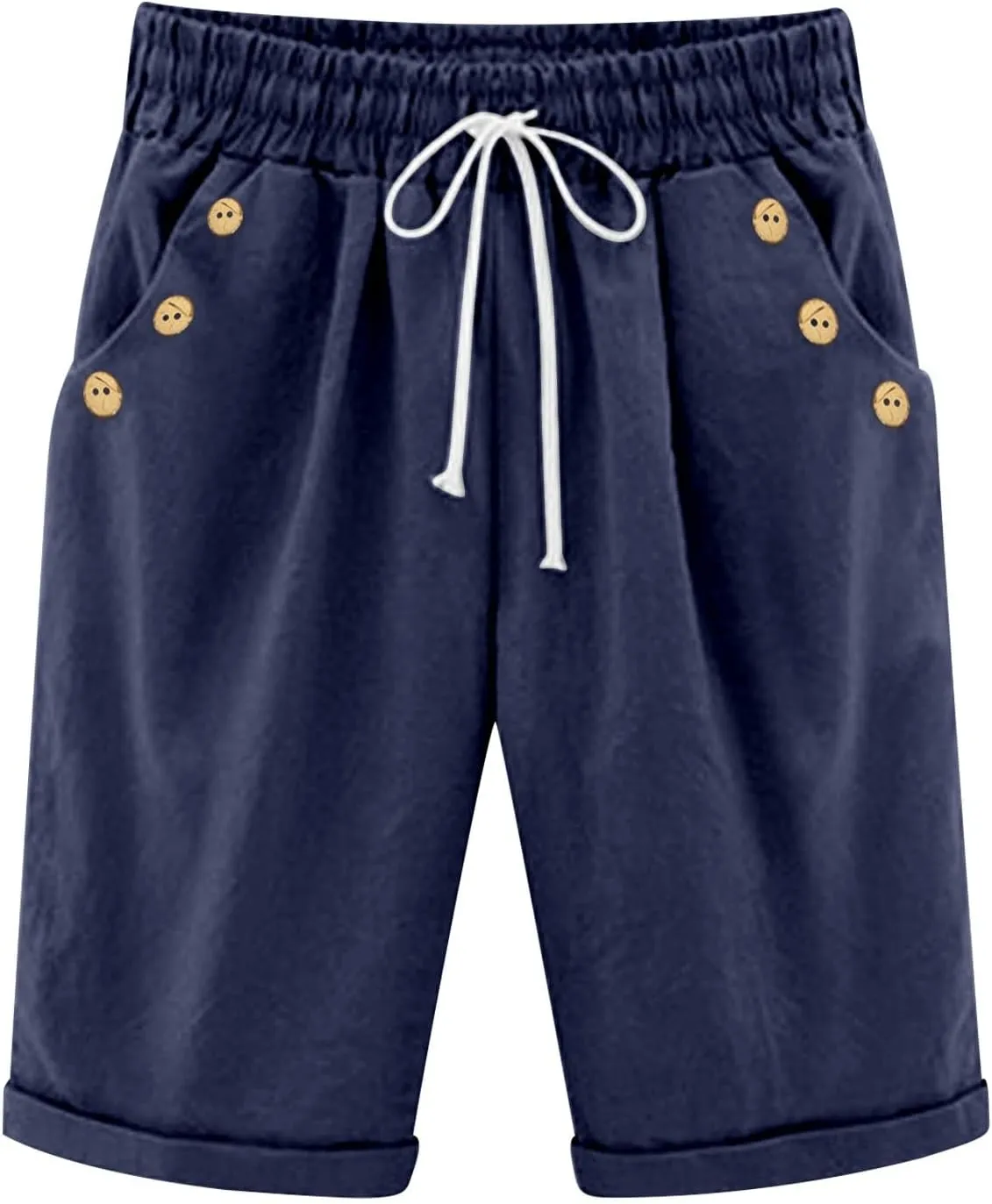 Women Knee Length Bermuda Shorts Elastic High Waist Drawstring Shorts Cotton Relaxed Fit Summer Beach Short Pants