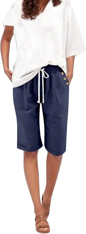 Women Knee Length Bermuda Shorts Elastic High Waist Drawstring Shorts Cotton Relaxed Fit Summer Beach Short Pants