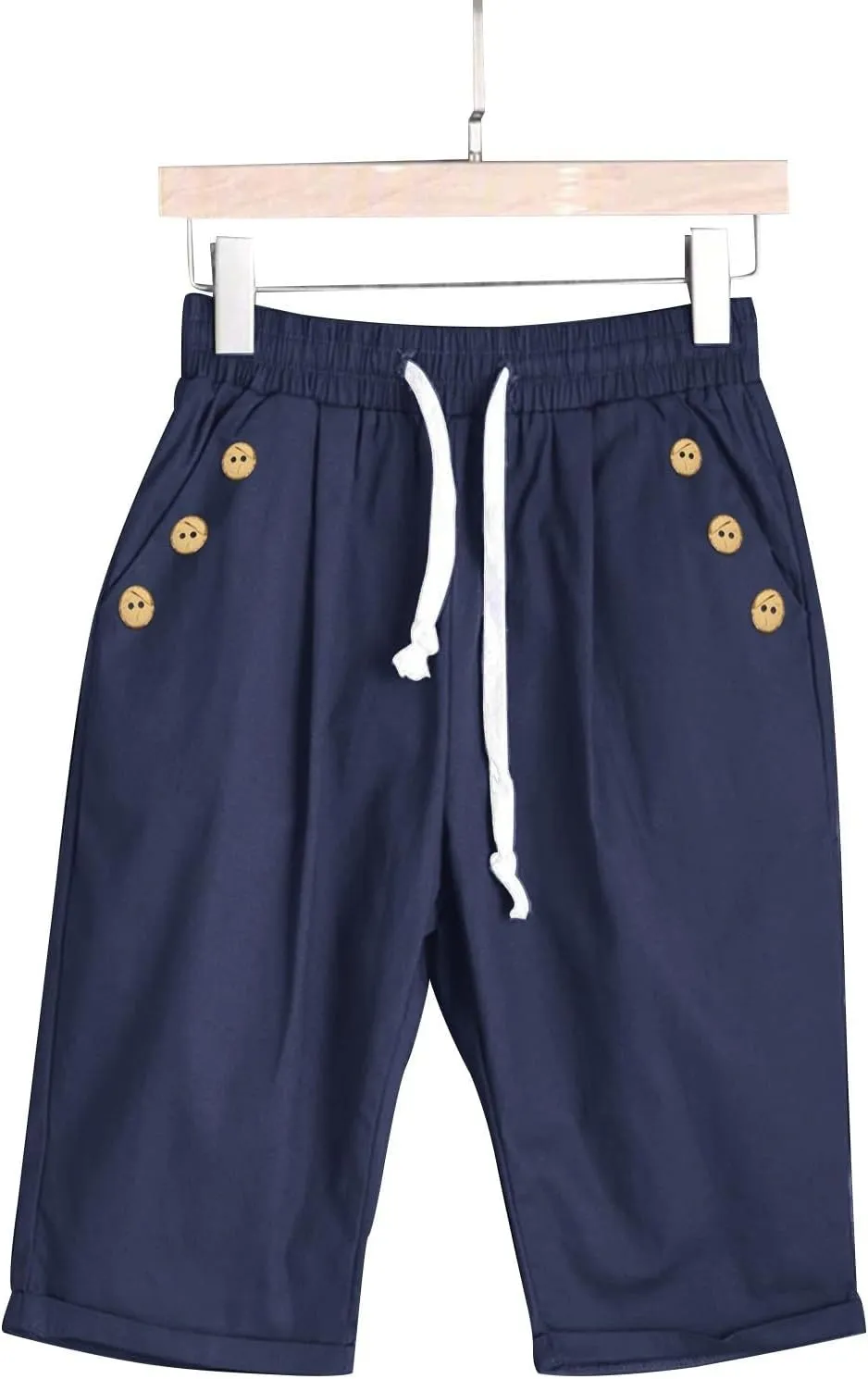 Women Knee Length Bermuda Shorts Elastic High Waist Drawstring Shorts Cotton Relaxed Fit Summer Beach Short Pants