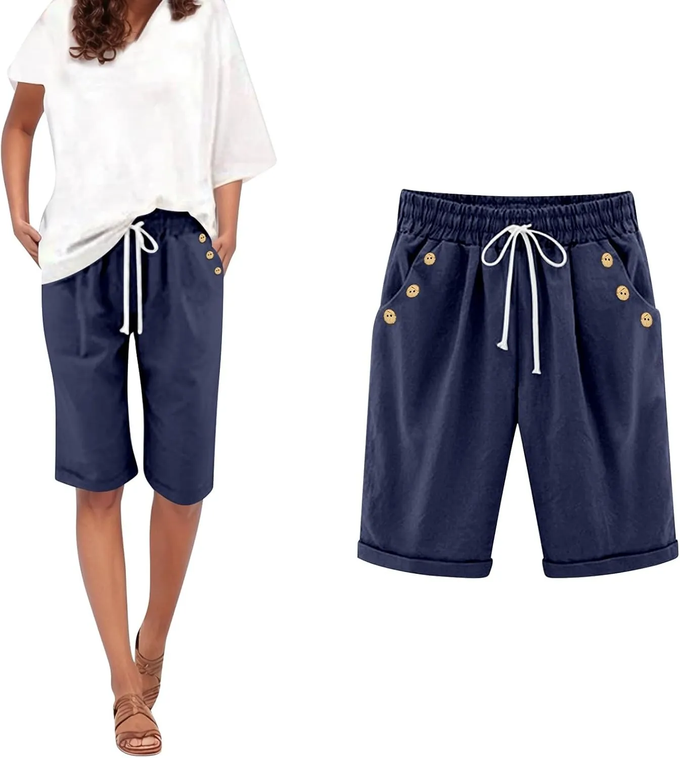 Women Knee Length Bermuda Shorts Elastic High Waist Drawstring Shorts Cotton Relaxed Fit Summer Beach Short Pants