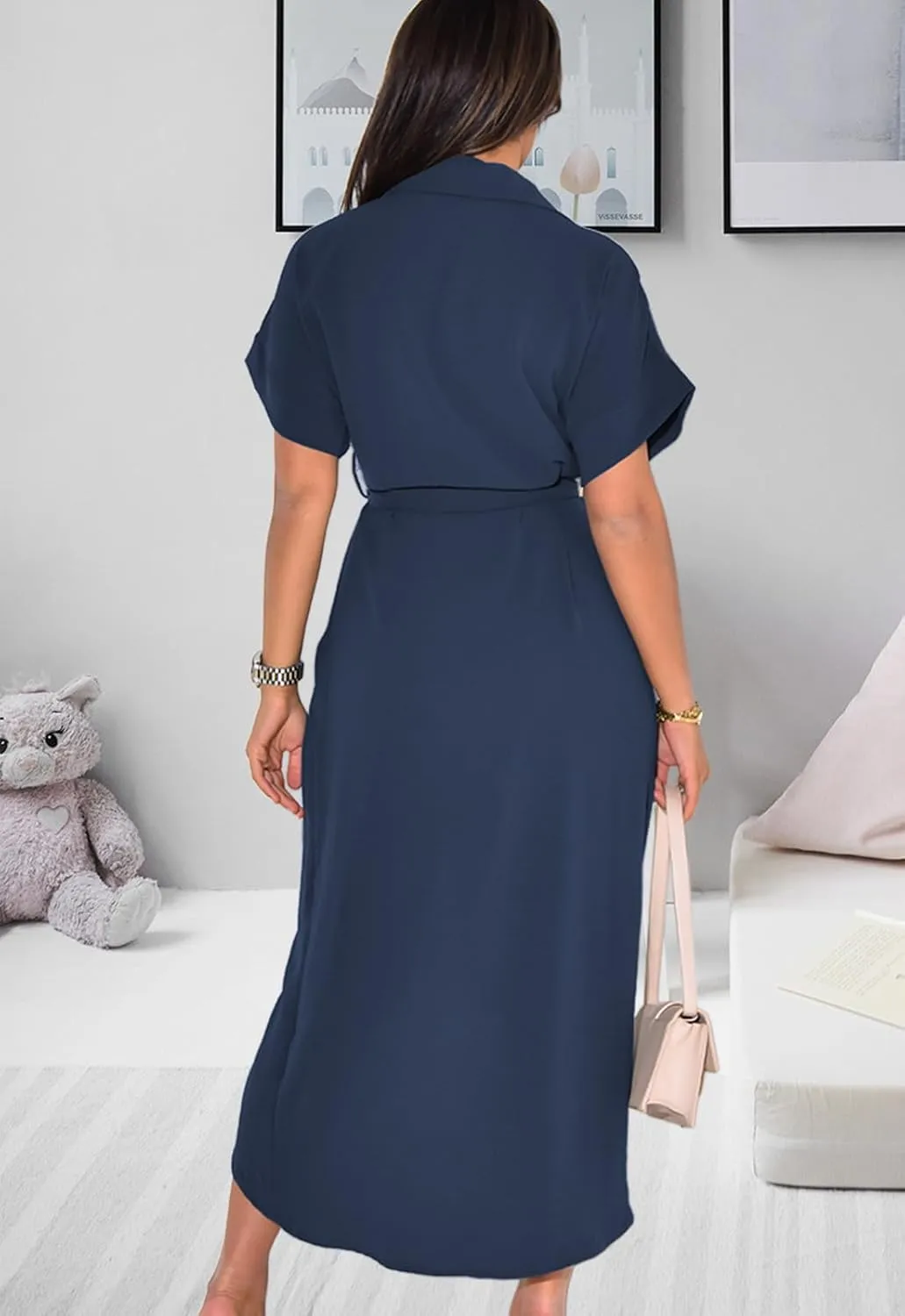 Women's Button Down Ruched Shirt Dresses Casual Short Sleeve Belted Summer Maxi Dress