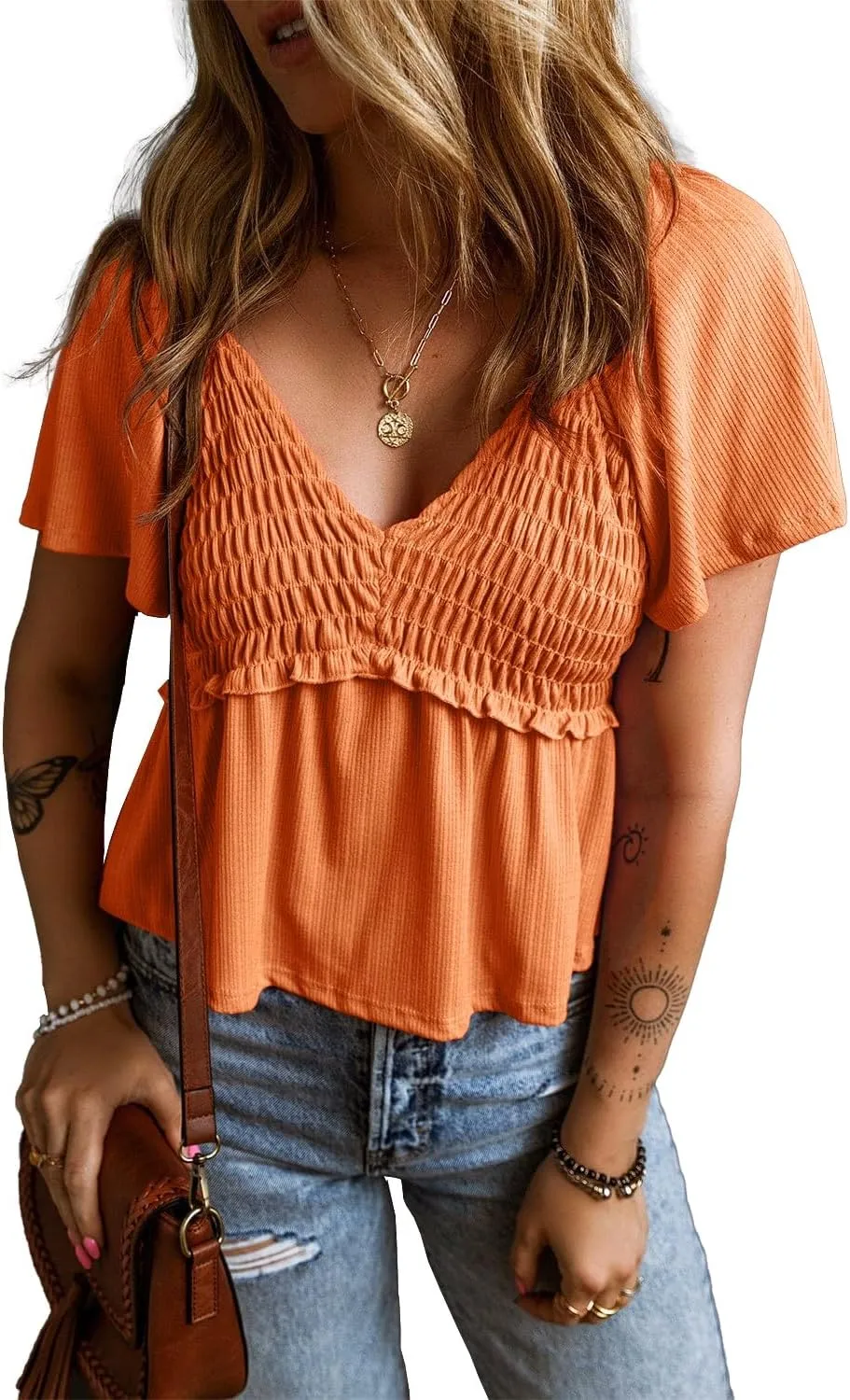 Womens Casual Short Flutter Sleeve Blouses Summer V Neck Pleated T Shirts