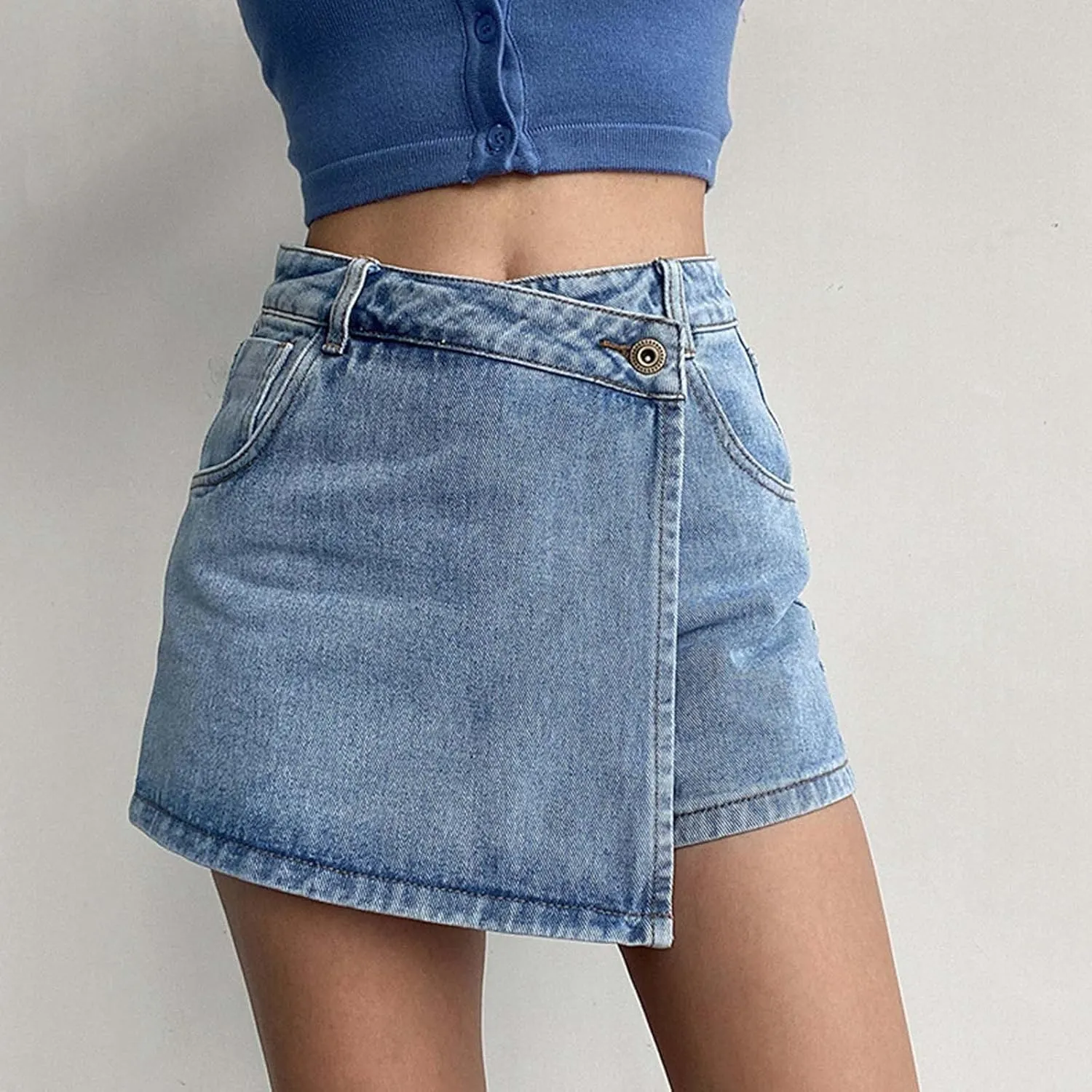 Women's High Waisted Denim Skort Summer Tendy Vintage Wrap Hem Asymmetrical Jean Mini Skirt Shorts with Pockets